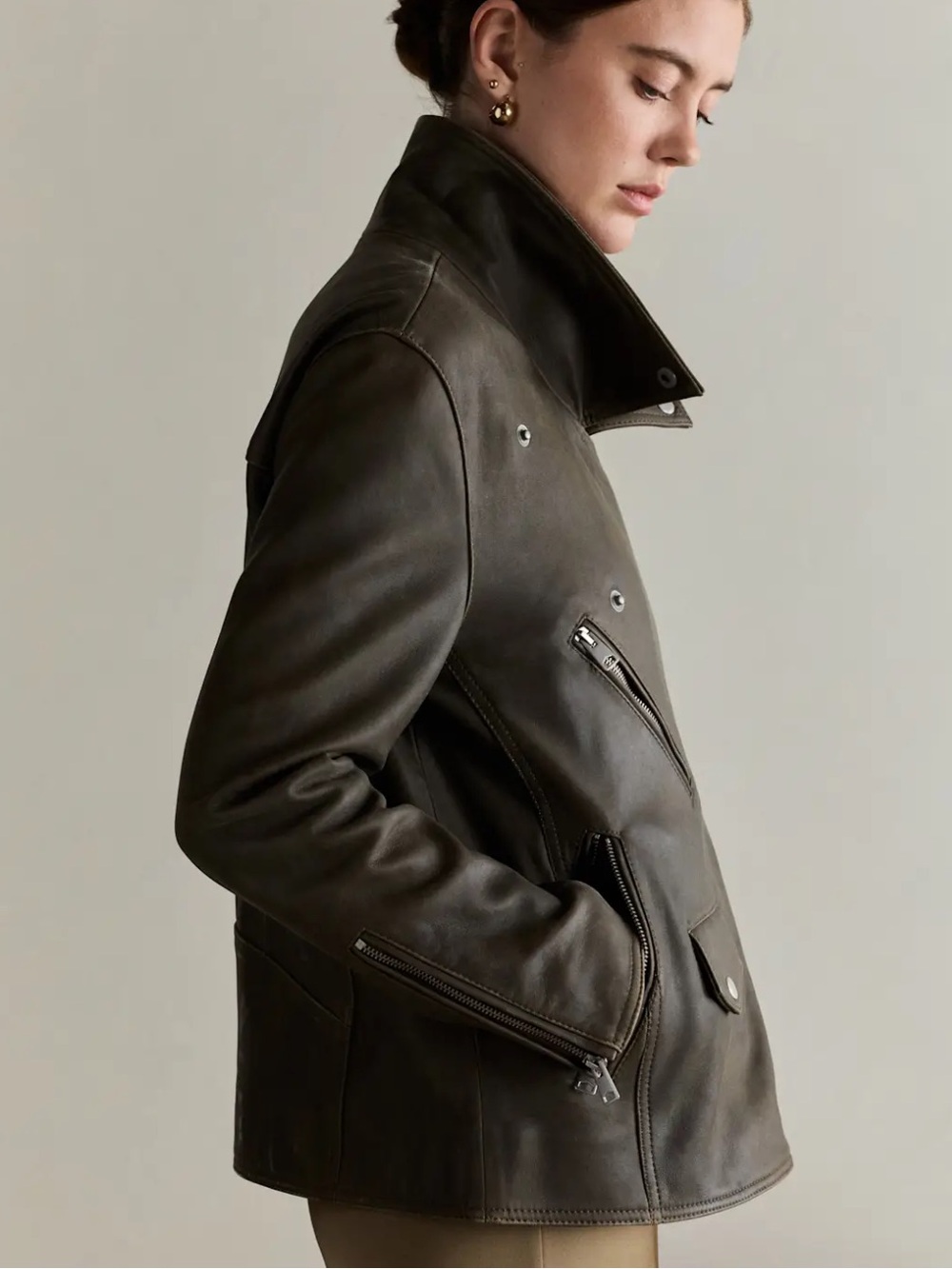 Quince 100% Leather Oversized Moto Biker Jacket Distressed Brown XS - Picture 10 of 11